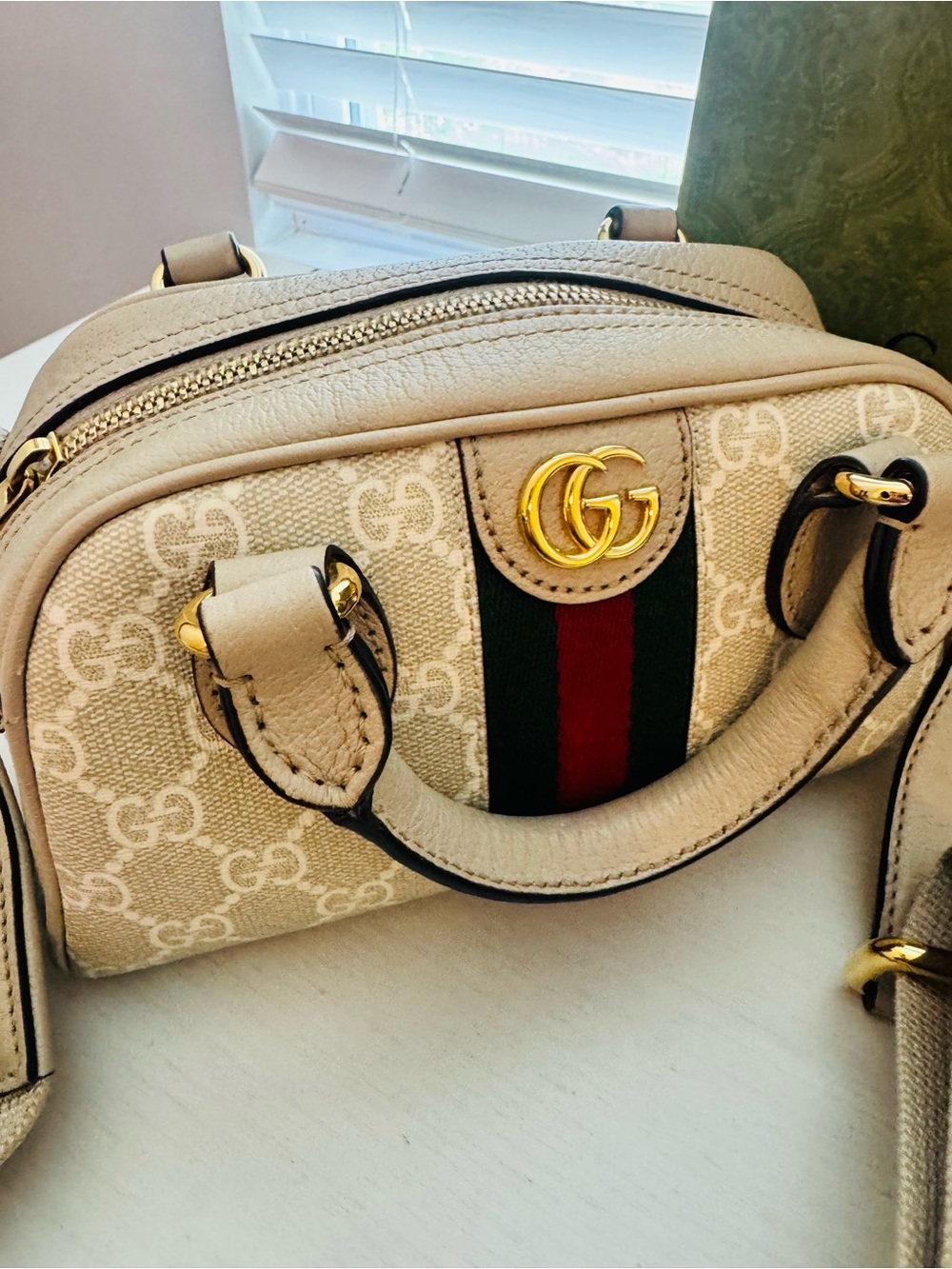 Gucci Beige GG Supreme Satchel Mini with Green and Red Web (Very Good Condition)